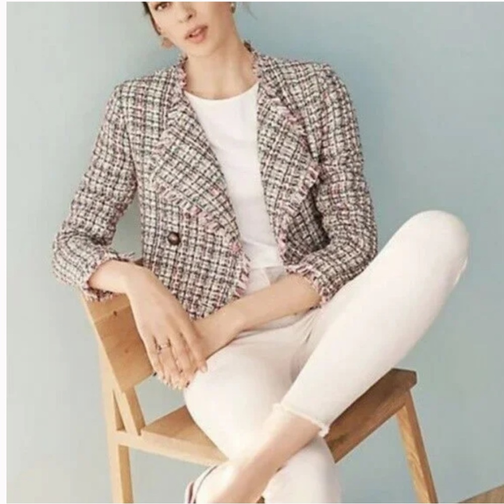 ANN TAYLOR Pink Tweed Cascade Double Breasted Jacket Blazer women’s Large 12
